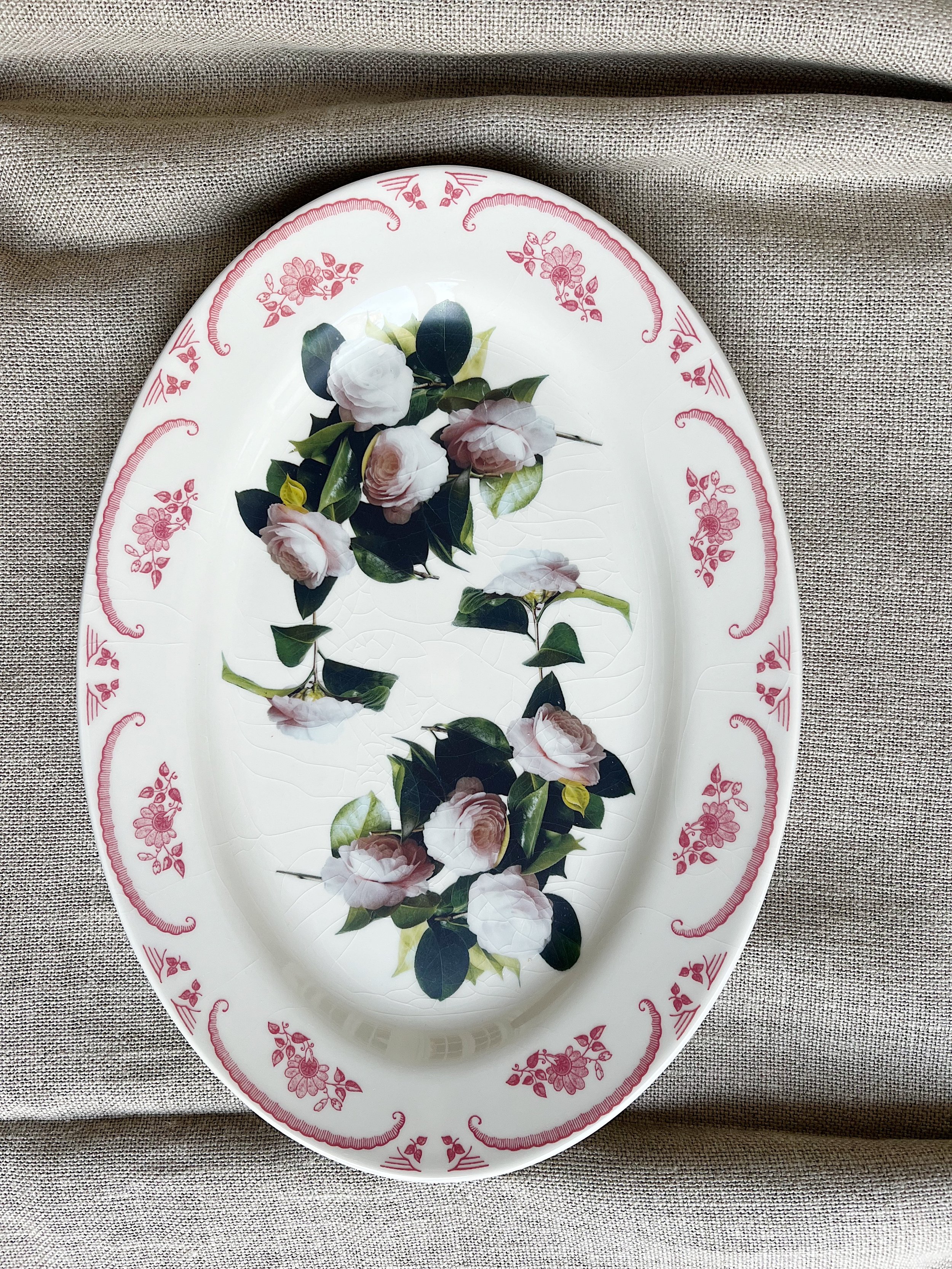 Vintage Pink Camellia Ceramic Platter