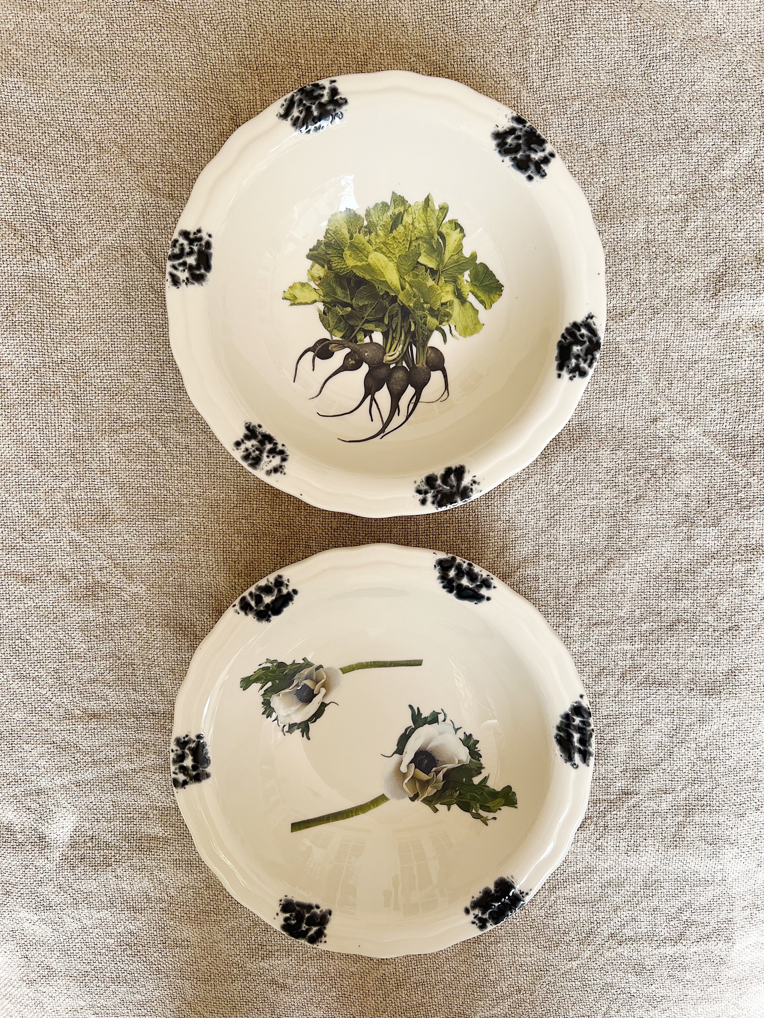 Vintage Black Radish and Anemone Ceramic Bowls