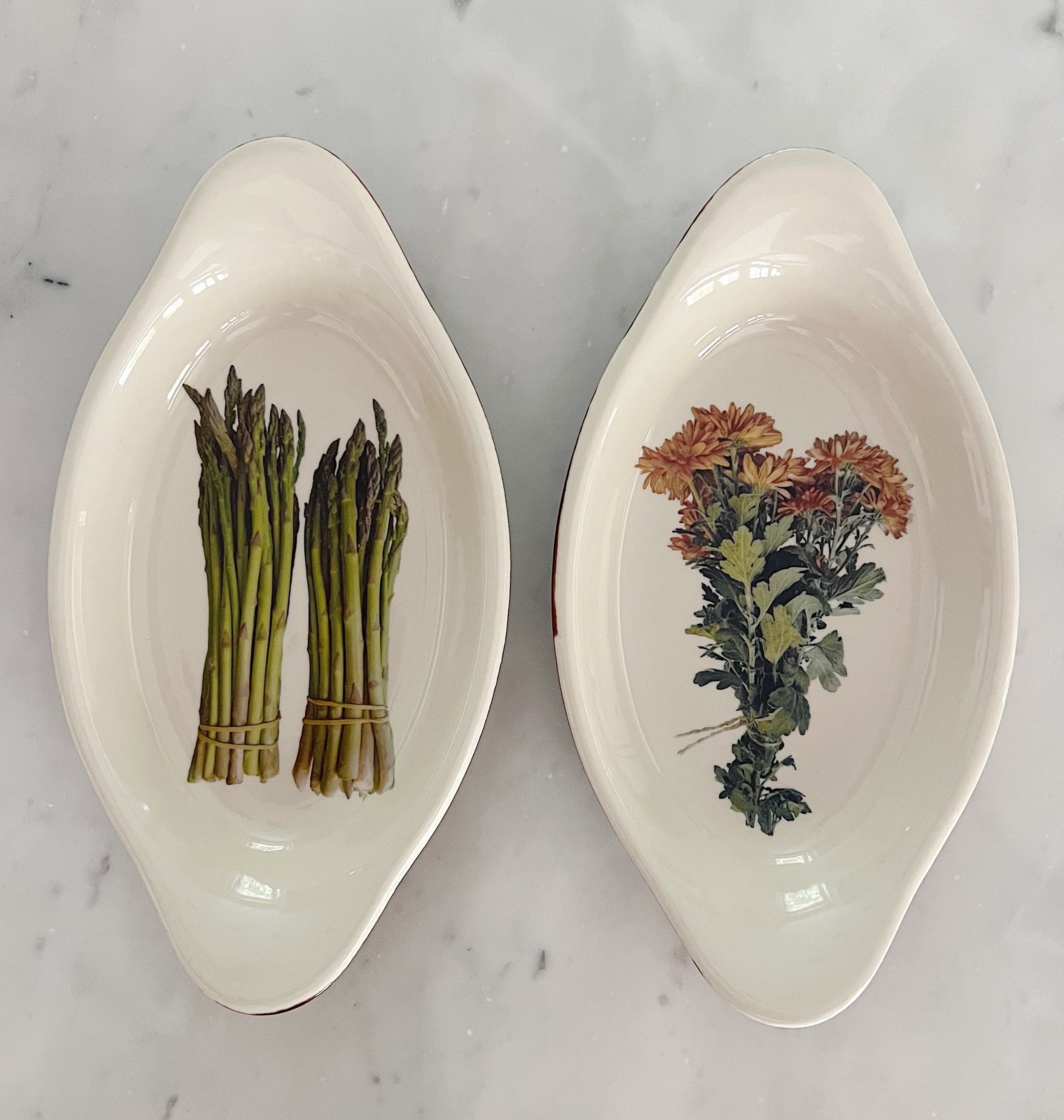 Vintage Asparagus and Chrysanthemum Ceramic Cassoulets