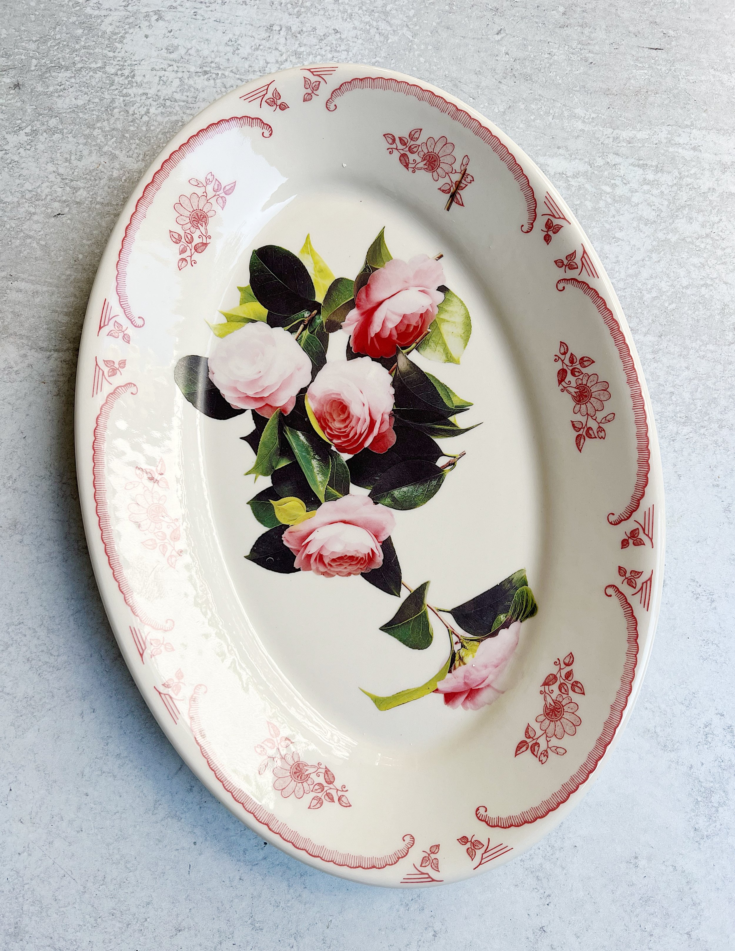 Vintage Pink Camellia Ceramic Large Platter