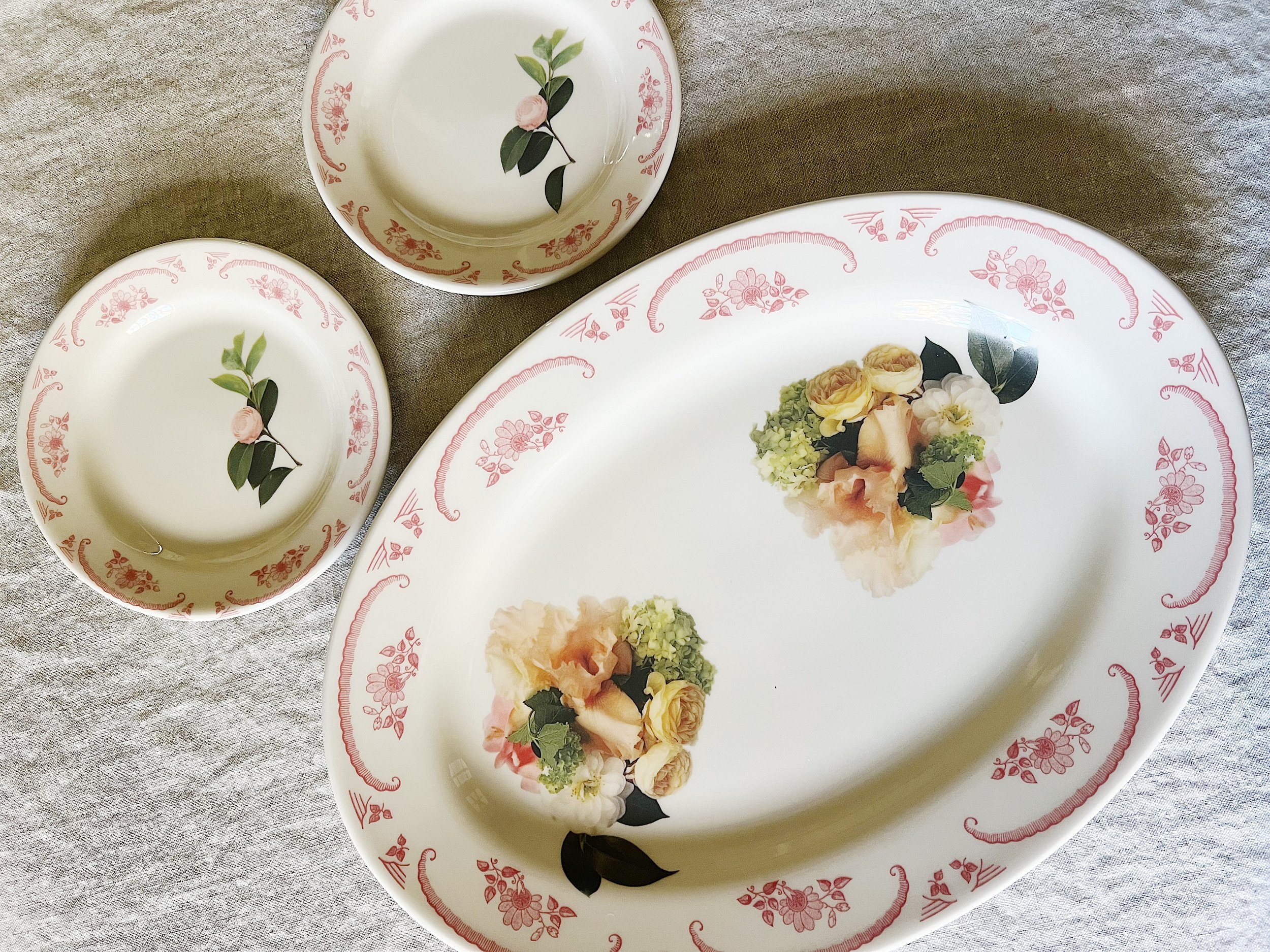 Vintage Pink Camellia Set of Small Ceramic Plates and Floral Spring Bouquet Large Ceramic Platter