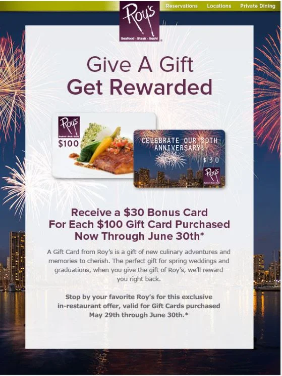 The Celebration Continues With Roy's Restaurant's Grandest Gift Card Offer