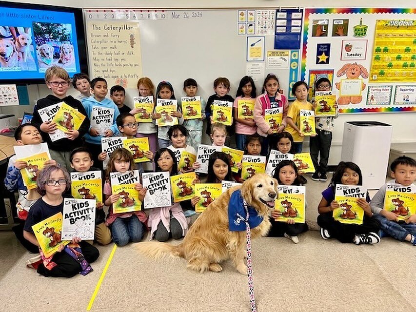 BARK Reading Therapy Dog Wilson visiting classrooms in Torrance, CA. #humaneeducation #booksforkids #responsiblepetownership #dog #dogs #literacy #kindness #compassion #empathy #elementaryschool #puppy #torrance #california