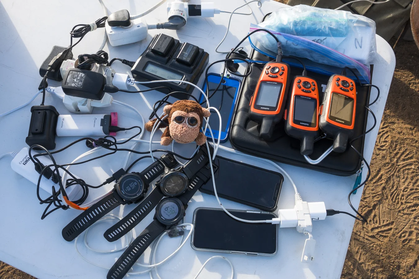 Mr. Monkey is also learning about all the technology used to help the runners stay connect with students at home and to track where they run. Everything gets plugged in with portable power units to help recharge while the runners sleep.