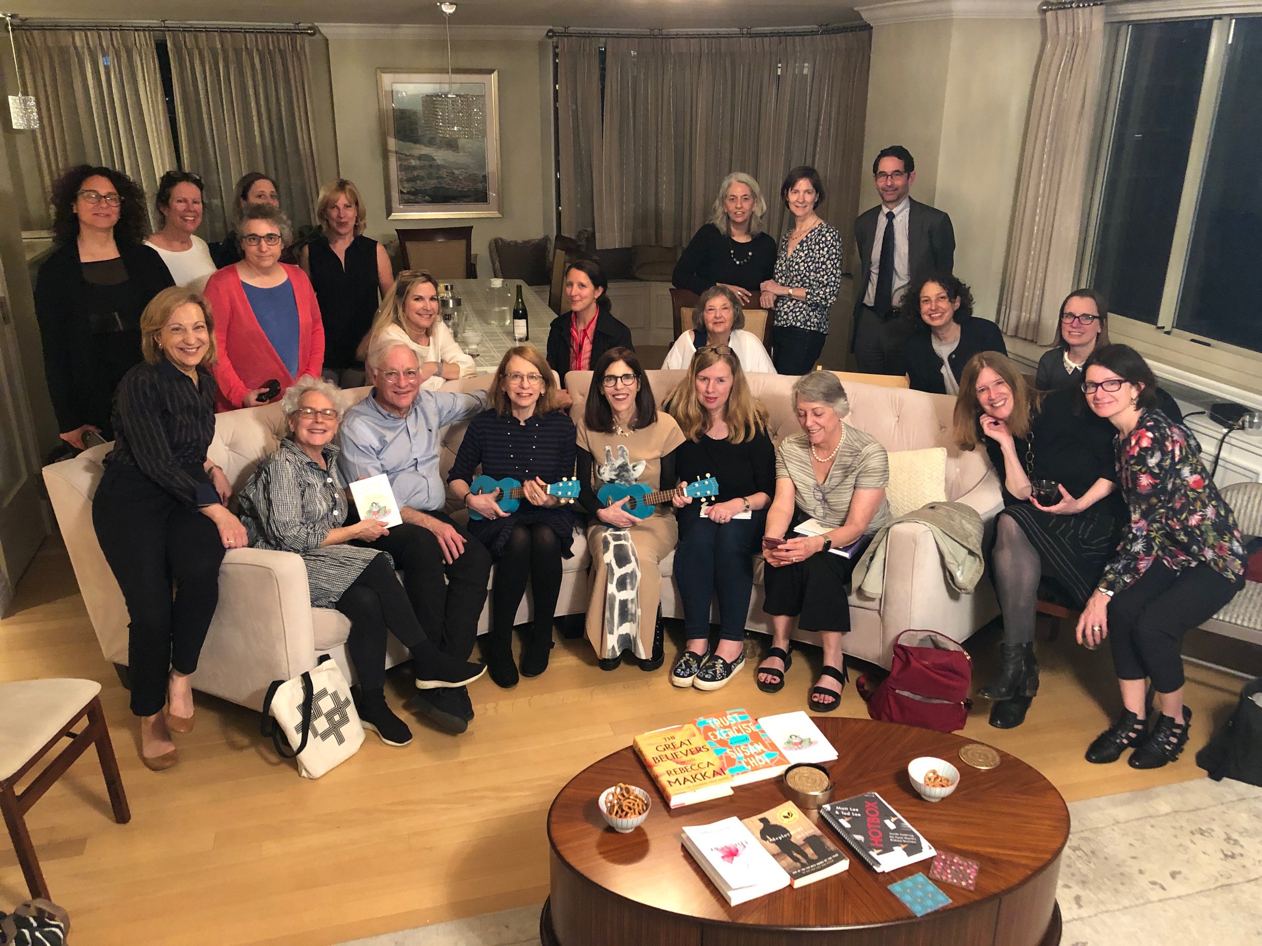 Roz Chast and Patty Marx, with ukuleles, at their book group for WHY DON'T YOU WRITE MY EULOGY NOW SO I CAN CORRECT IT?