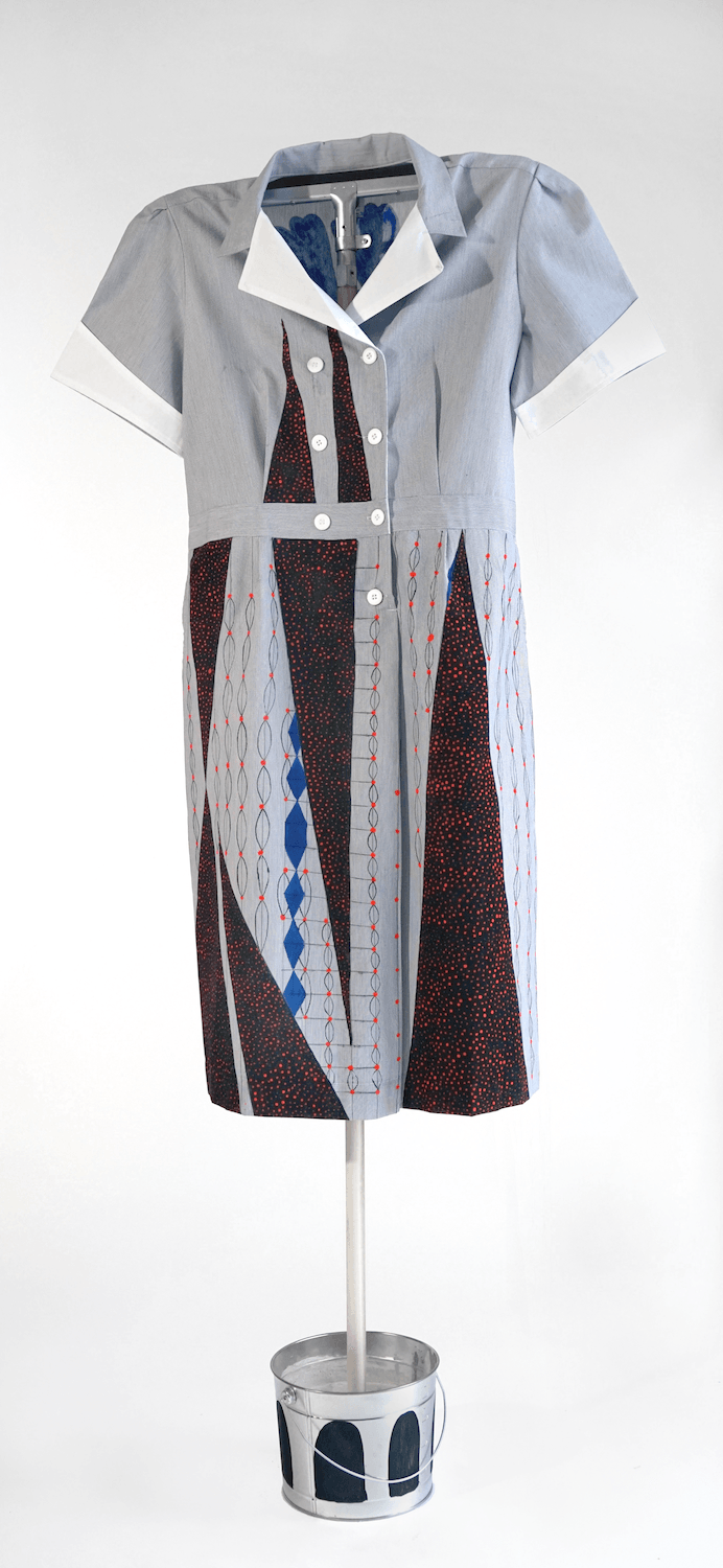  "Homesick,” from the Series Early Birds, 2019, Front (Domestic worker’s uniform modified- hand painted on fabric). 