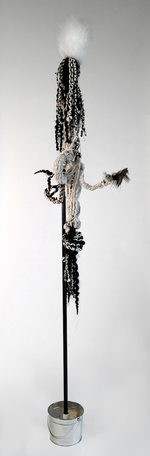  "Mop 1”, from the Series Whips, Whims and Wigs, 2019, Transformed mop head into a hairdo on &nbsp; decorated stick, various materials. 