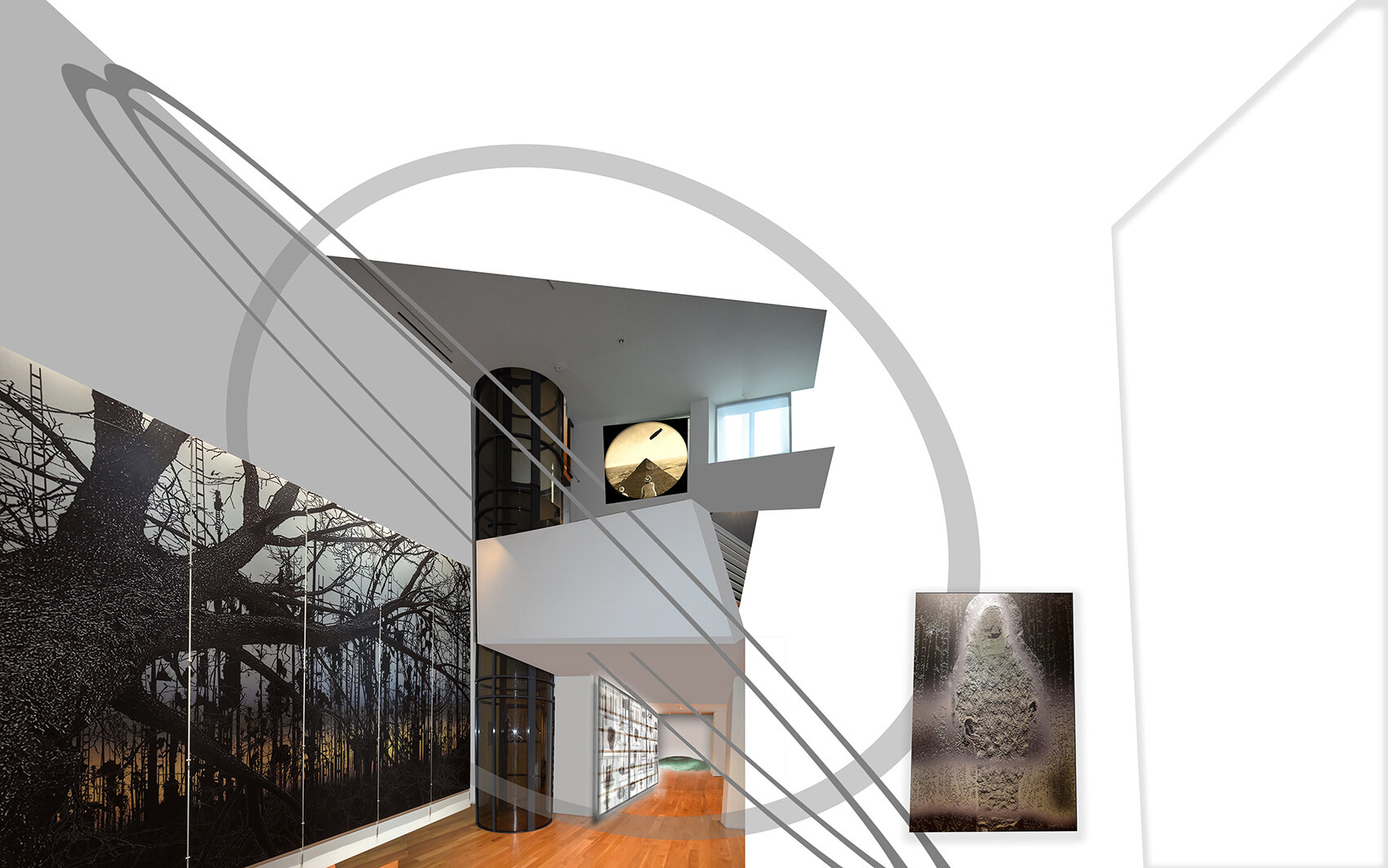 TRANSART STUDY / Old Forster Fell into the Ring, Pyramid and Zeppelin, Shroud, Veiled Objects, Glass Floor (rear), 2020