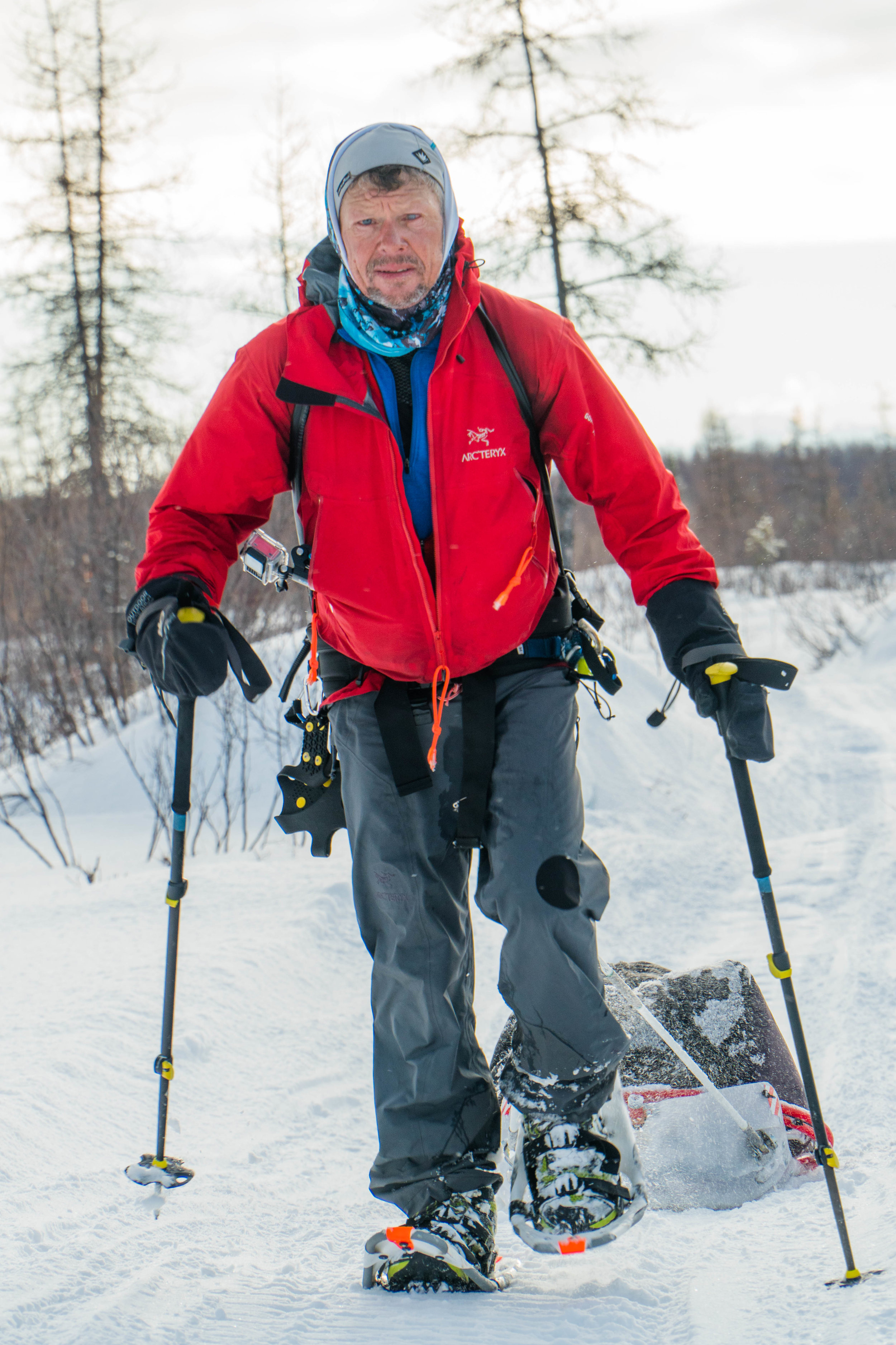 Grant Maughan works his way along a soft trail in snowshoes