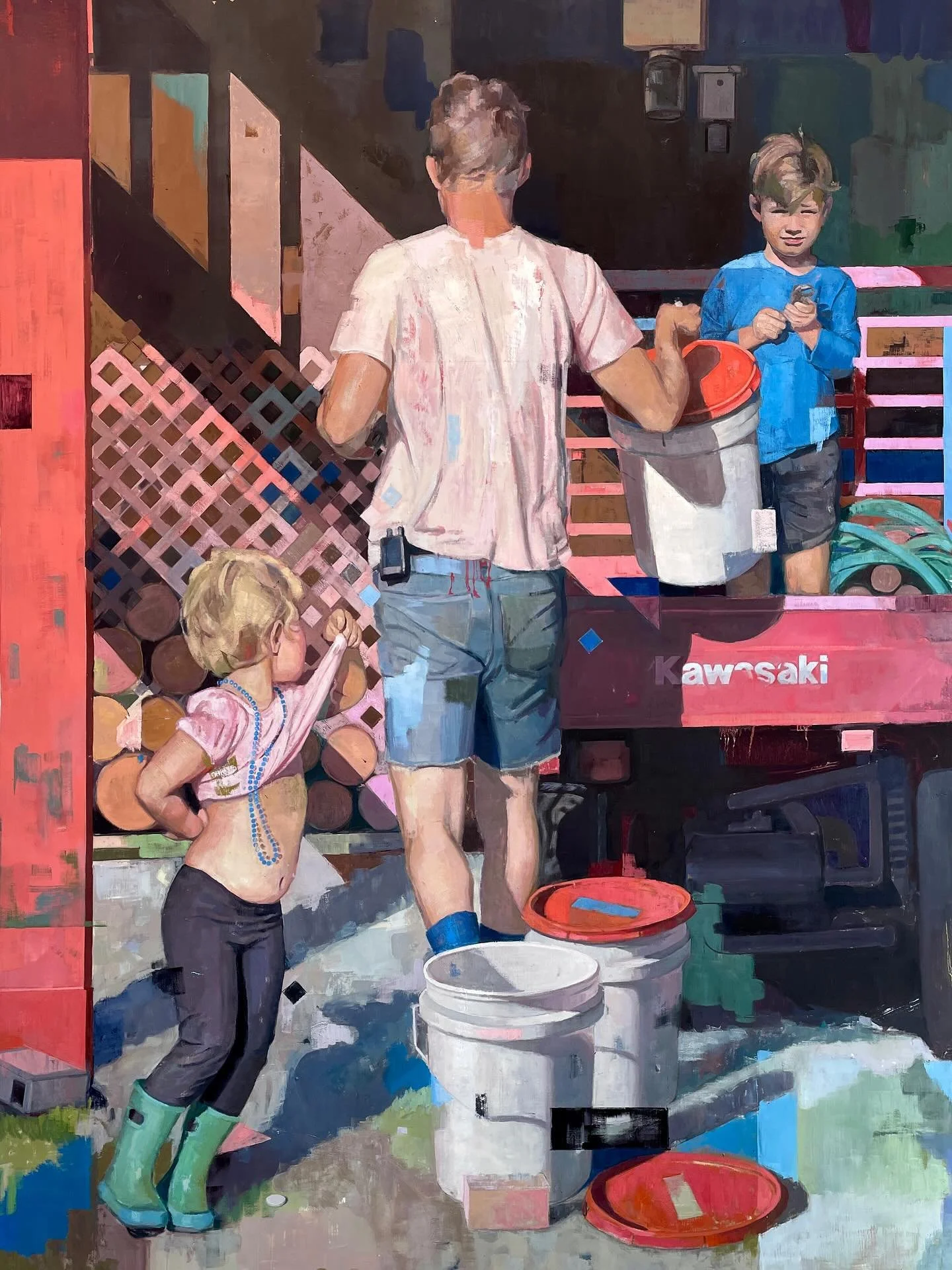 Caitlin Winner brilliantly orchestrates her experience of motherhood in large scale paintings. In &ldquo;Favorite Son&rdquo;, oil on canvas, 80x60 inches, 2021-2023, she unites the figures and elements with her use of color and by the way she depicts