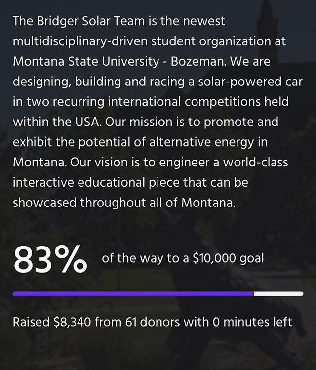 Thank you to all who helped support Bridger Solar Team on Funderbolt! If you did not get the chance to support the team and would like to please check out our website for more information. #solar #funderbolt