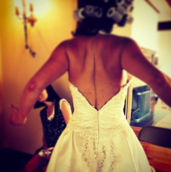  A nice shot of me on a direct booking as a commercial bride. Guess who had to be clipped into their dress because it didn't zip over her lats.