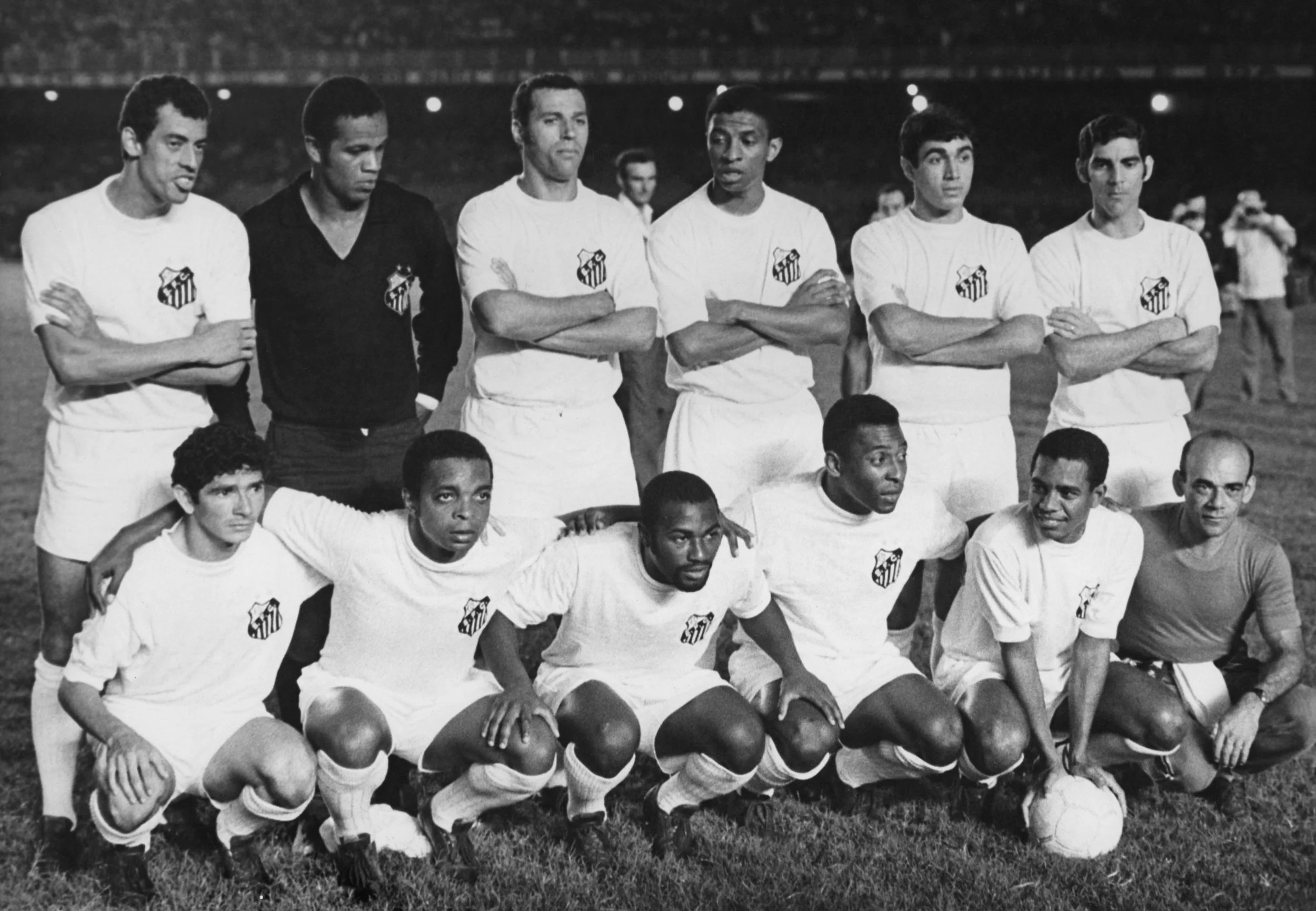 Pele and his Santos FC team mates pictured before their game against Vasco de Gama at the Maracana Stadium, Rio de Janeiro, Brazil, 19th November 1969. Santos were awarded a penalty during the match which Pele scored to reach the 1,000th goal of his career. Photo by Pictorial Parade/Archive Photos/Getty Images.