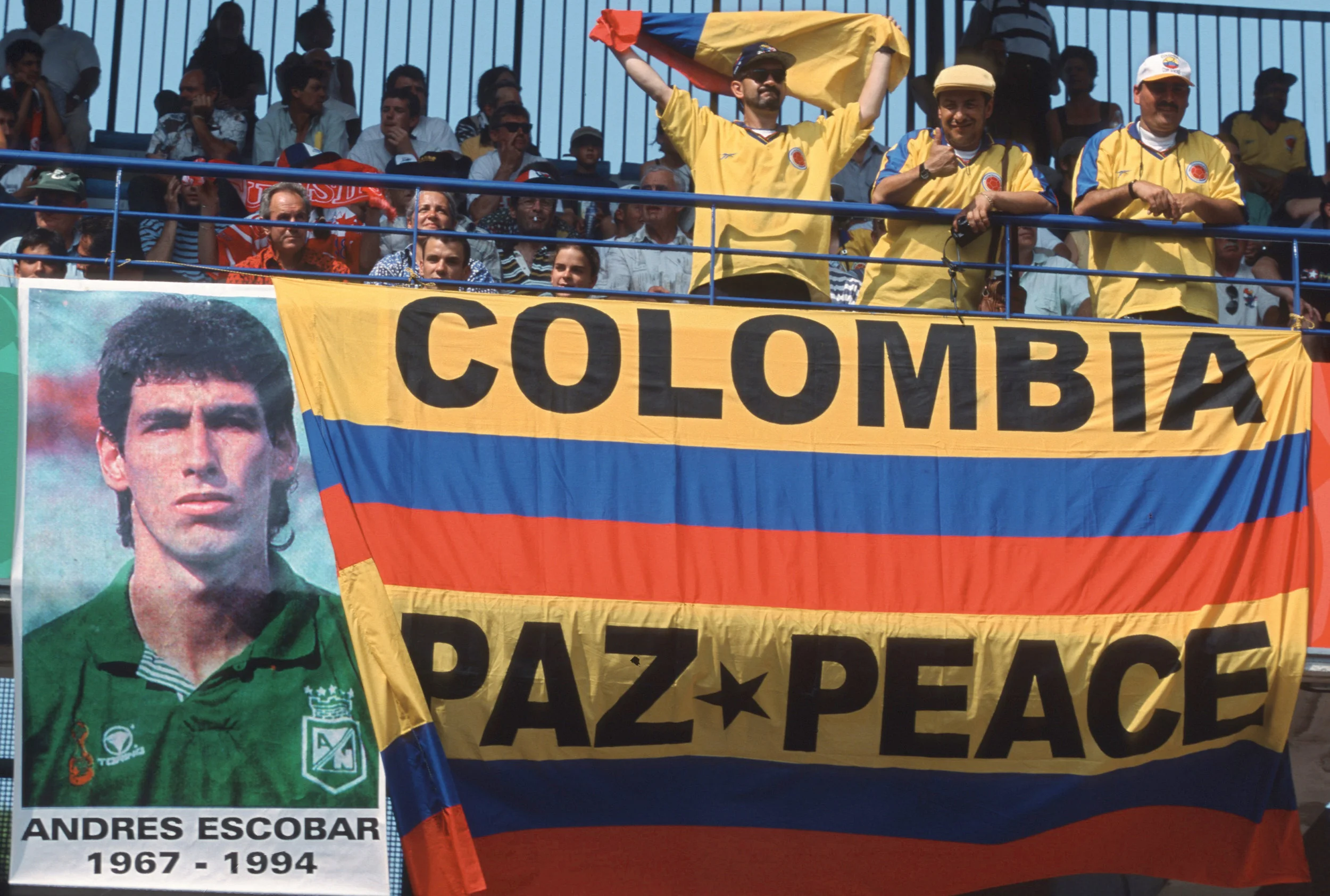 Colombia fans pay tribute to Andrés Escobar during a 1998 World Cup match between Colombia and Tunesia in Montpellier, France. Photo by Alexander Hassenstein.