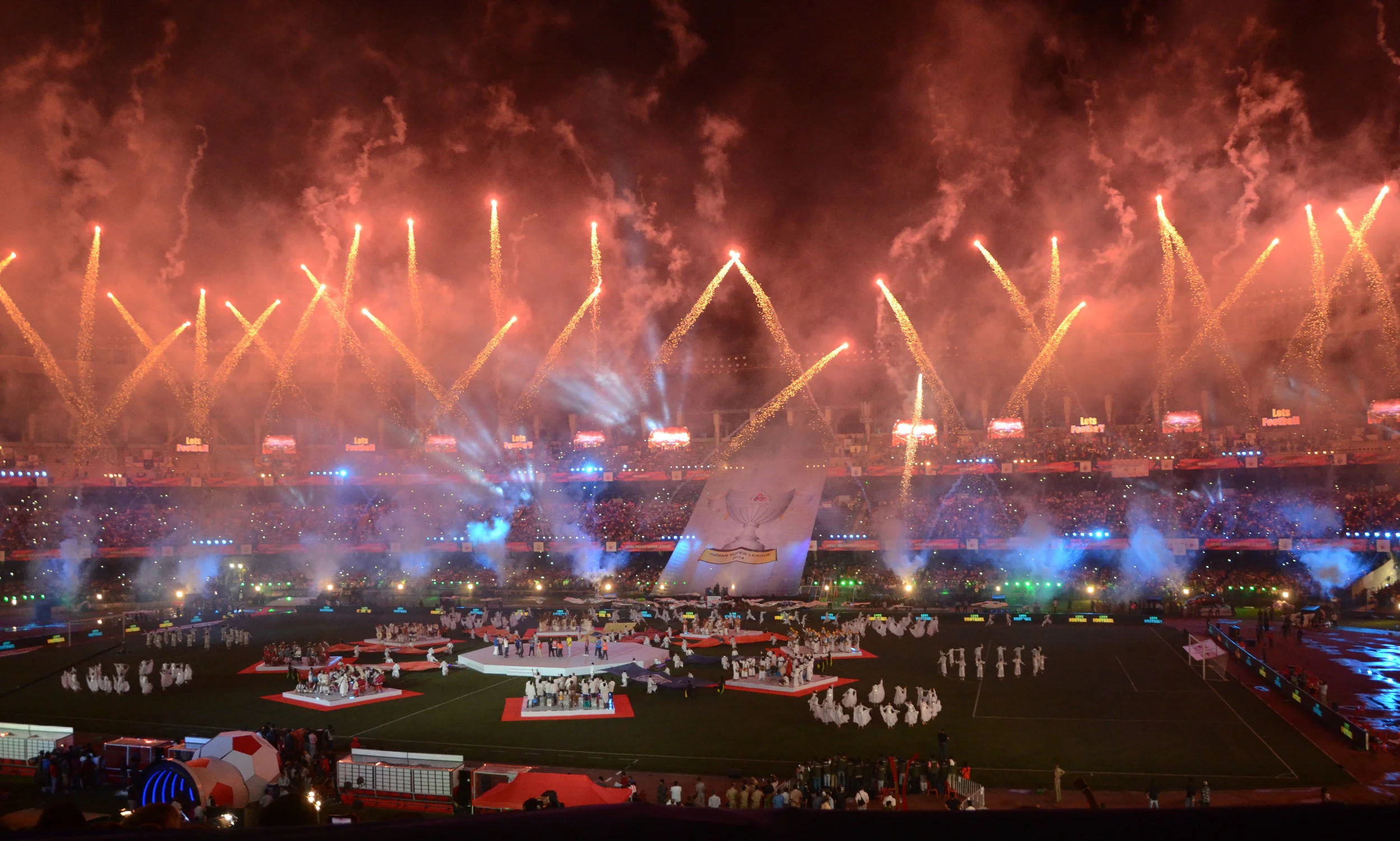 Fireworks at the opening ceremony of the Indian Super League in Kolkata in 2014. In its first week, the ISL pulled in over forty million viewers. Photo by Sonali Pal Chaudhury/NurPhoto