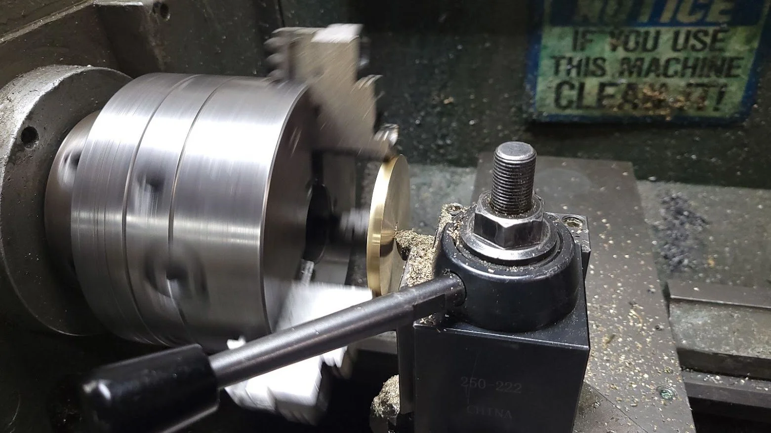 Facing the brass blank on the lathe