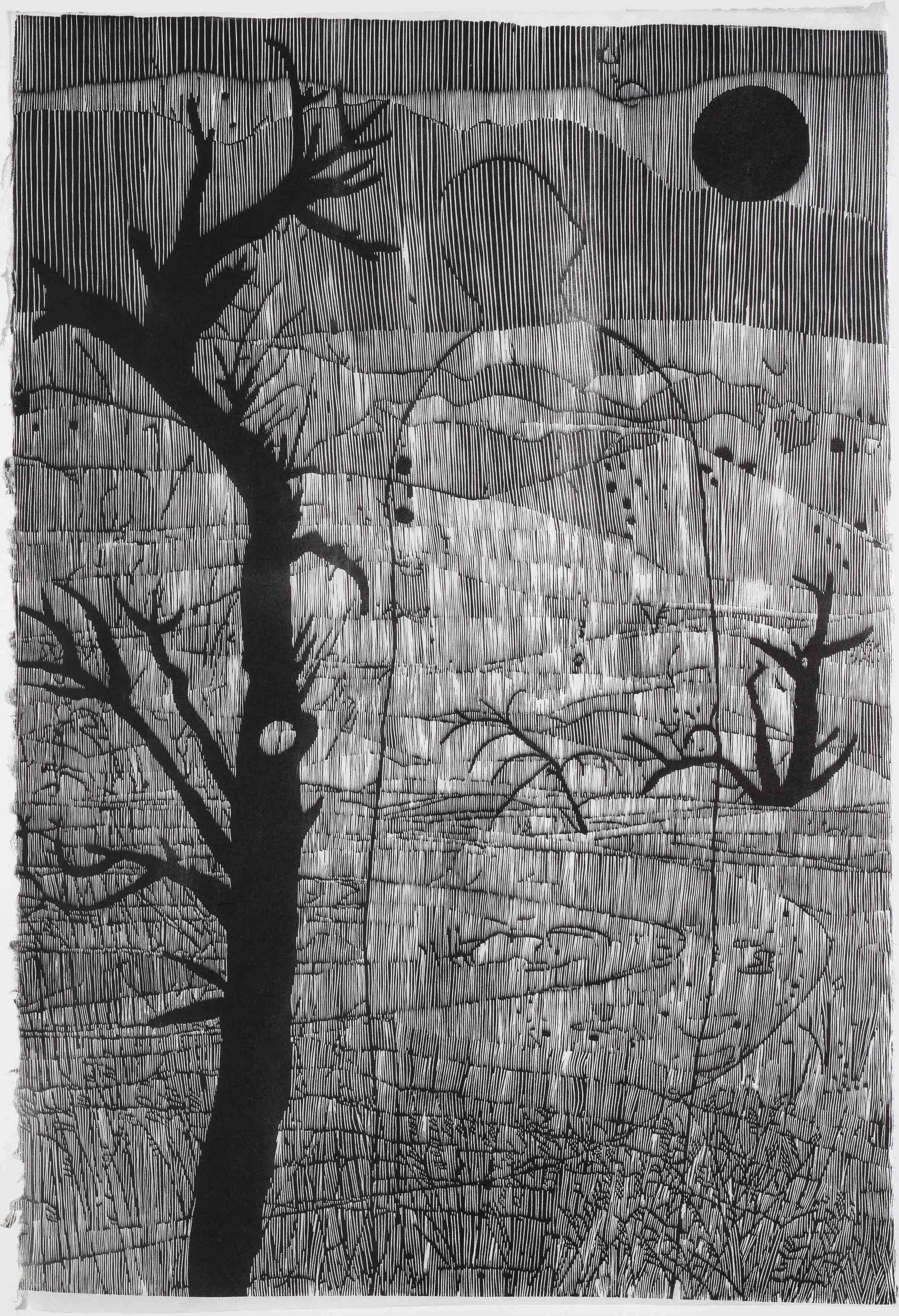 Grassland Glyphs, 2014, linocut on Kozo paper, 92 x 63cm