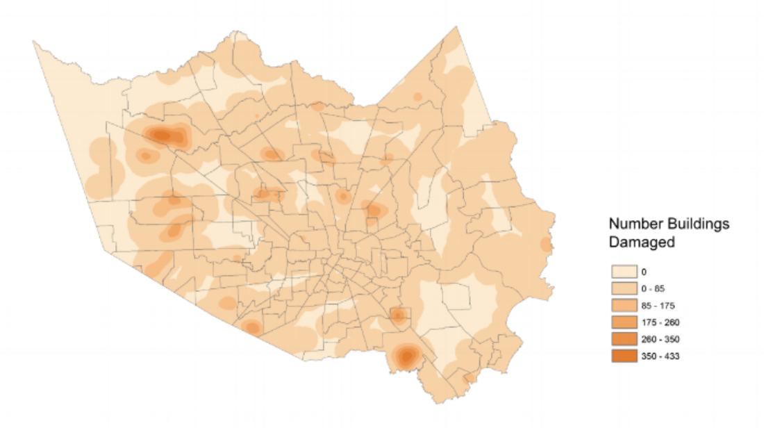 Above is a kernel density map demonstrating the locations of damaged buildings after the storm according to the FEMA Damage Assessment .