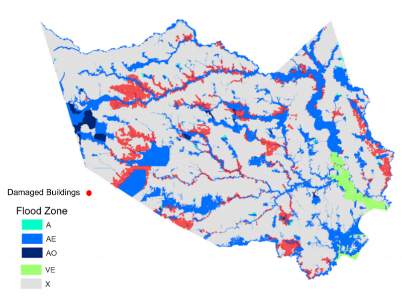 Damaged Buildings and FEMA Flood Zones . 68% of the damaged buildings in Hurricane Harvey were outside of the designated 1% annual flood zones. Read more about flood zones from the Shawnee County Flood Map Modernization project . (A) Areas with a 1% annual chance of flooding (AE) The base floodplain where base flood elevations are provided (AO) River or stream flood hazard areas, and areas with a 1% or greater chance of shallow flooding each year, usually in the form of sheet flow, with an average depth ranging from 1 to 3 feet. (VE) Coastal areas with a 1% or greater chance of flooding and an additional hazard associated with storm waves. (X) Area of minimal flood hazard, usually depicted on FIRMs as above the 500‐year flood level.