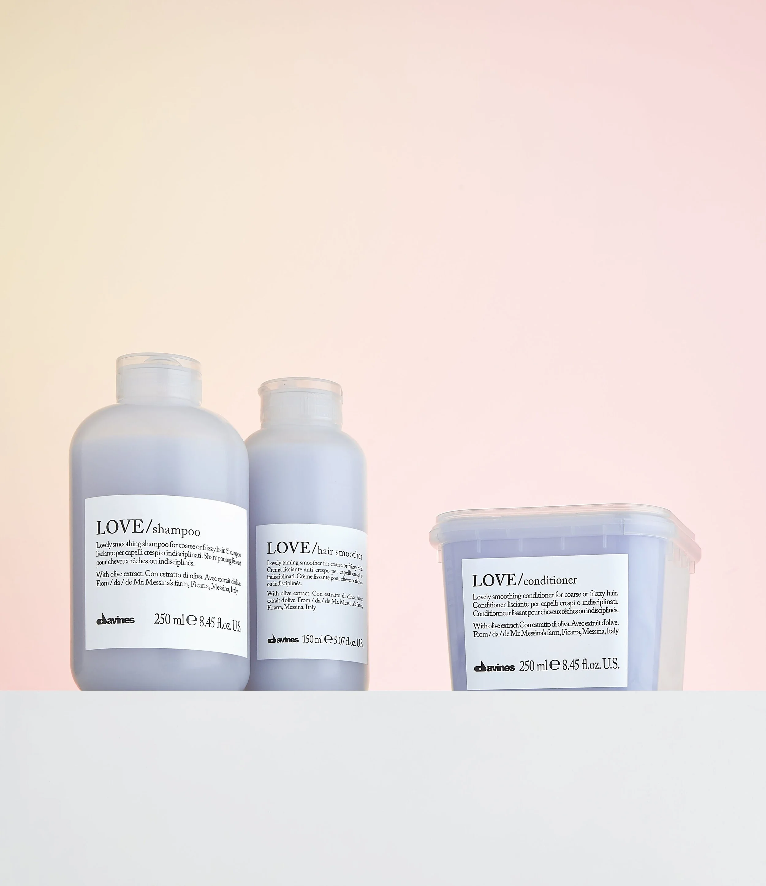 LOVE Shampoo- Shampoo for frizzy or unruly hair for a smooth look. Formula characterized by a soft and creamy foam designed to gently cleanse frizzy hair, making it smooth.LOVE Conditioner- Conditioner to control frizzy or curly hair. The conditioni…