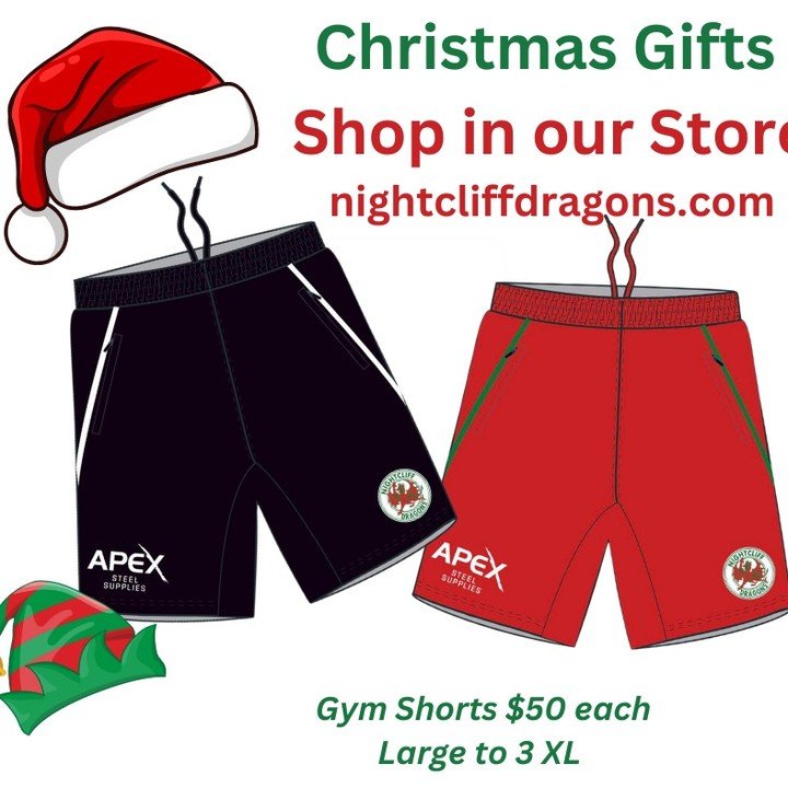 https://www.nightcliffdragons.com/shop
Head to our website shop and get your Christmas gifts - 
Perfect for training and casual wear - Gym shorts $50ea
Don't leave it to late - limited sizes Large to 4XL