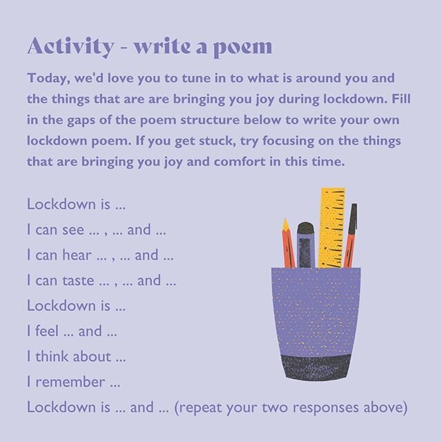 3/3 - Now it&rsquo;s over to you. We&rsquo;d love you to put pen to paper and spend some time reflecting on your own #lockdown experience. Where are you finding joy? Please share your finished poems with us 💛
.
.
.
#poetry #poem #creativewriting #Re