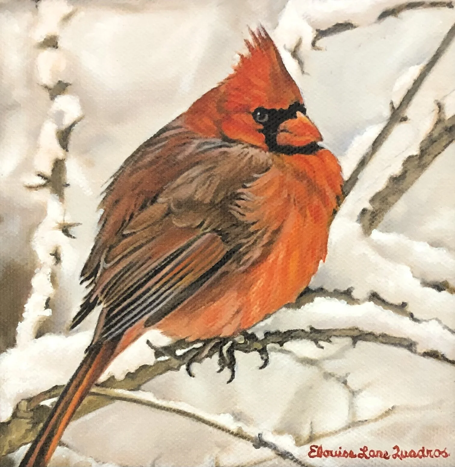 "Male Cardinal in the Snow" original oil 6"x6"-SOLD