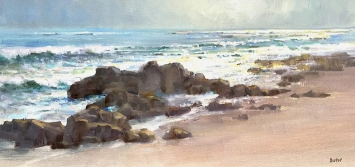 "Sparkling Sun on Sea and Rocks" original oil, 12"x24", $3000.00