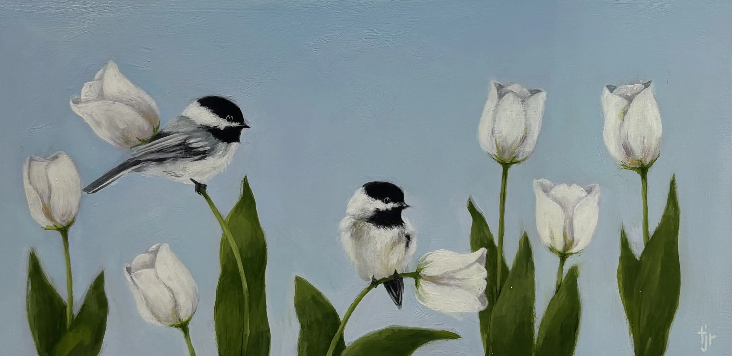 "Chickadees and White Tulips" original oil, 6"x12", $600.00
