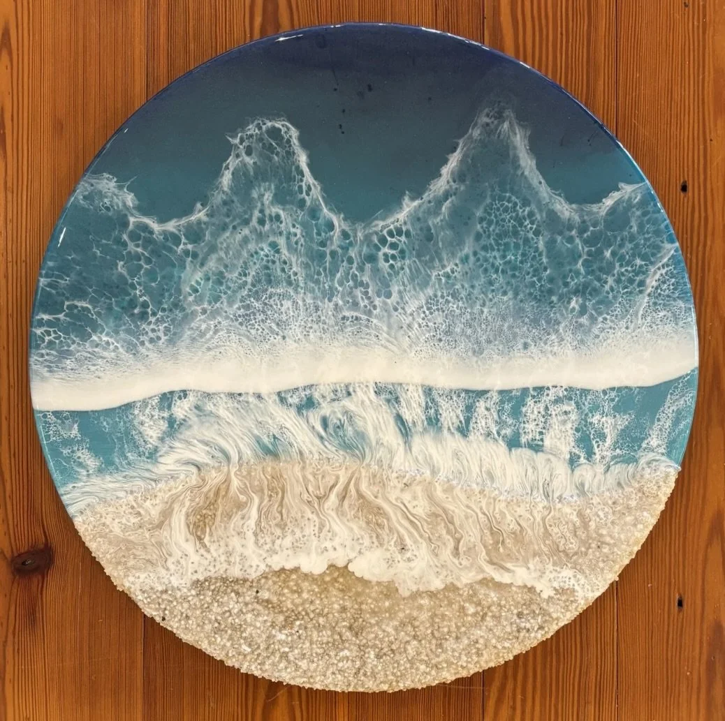 "Bird's-eye View", original epoxy resin on panel, 16" round, $400.00
