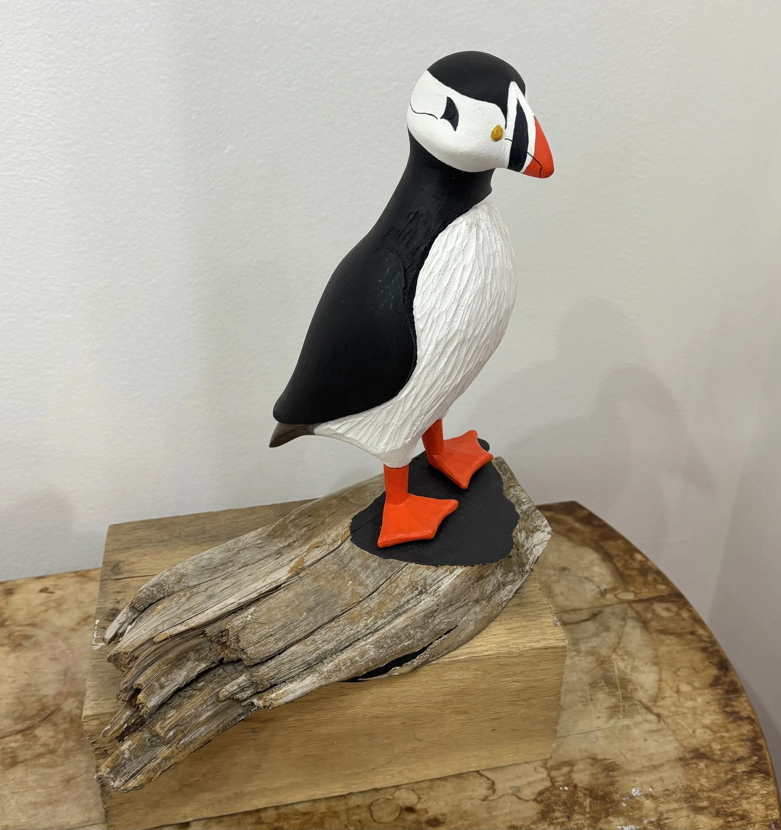 "Jo the Puffin" original wood carving, 11"x6"x11" $350.00