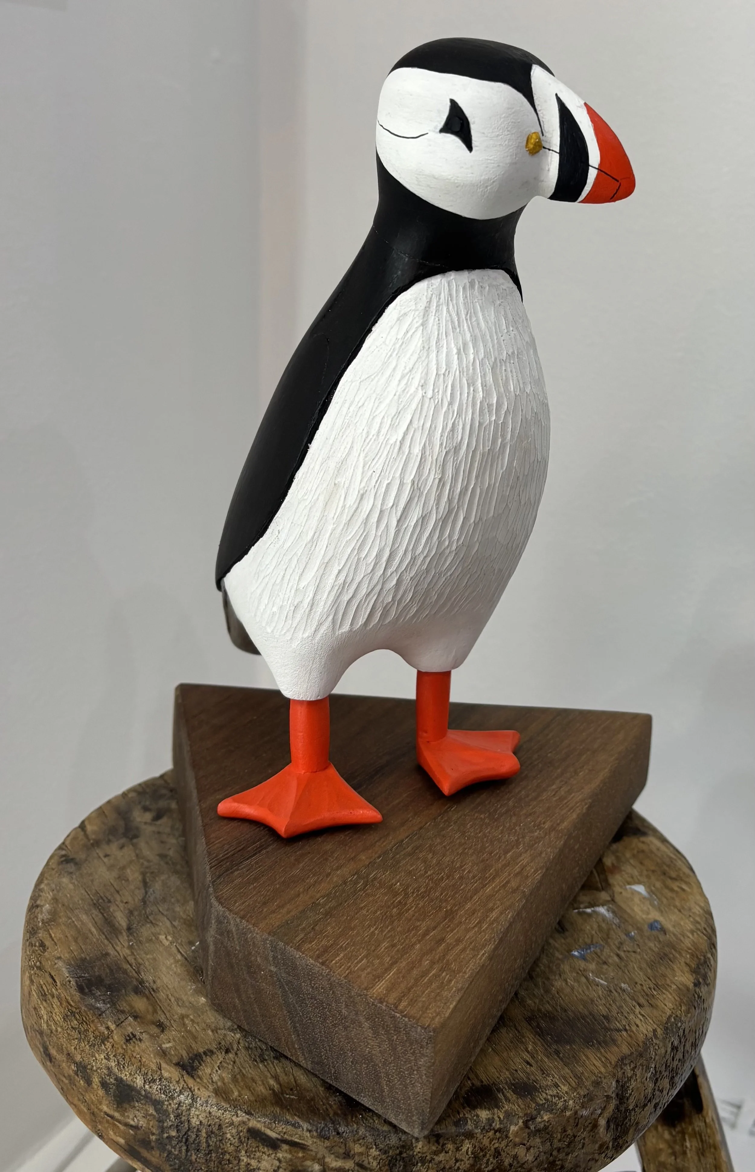 "Standing Puffin", original wood carving, 8" (L) x7" (W)x10" (H), $350.00