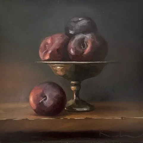 "Plums and Silver" original oil, 10"x10", $575