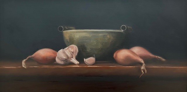 "Green Bowl and Shallots" original oil, 10"x20", $750.00