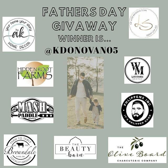 Congratulations to @kdonovan05 who won this huge Father&rsquo;s Day package full of amazing gifts form: @yourhome.yourstory @hiddenrootfarms2016 @browndalefarm @mashpaddlebrewingco @watermarkboards @theoliveboard @phlippenssauce @agent.lisa @thebeaut