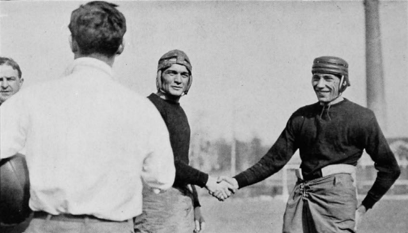 Captains from Miami (left) and Cincinnati (right) shake hands before the game in 1915. (UC Libraries)