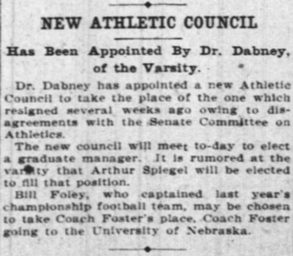 Changes in leadership helped Foley secure the UC job. (Enquirer, 3/14/1906)