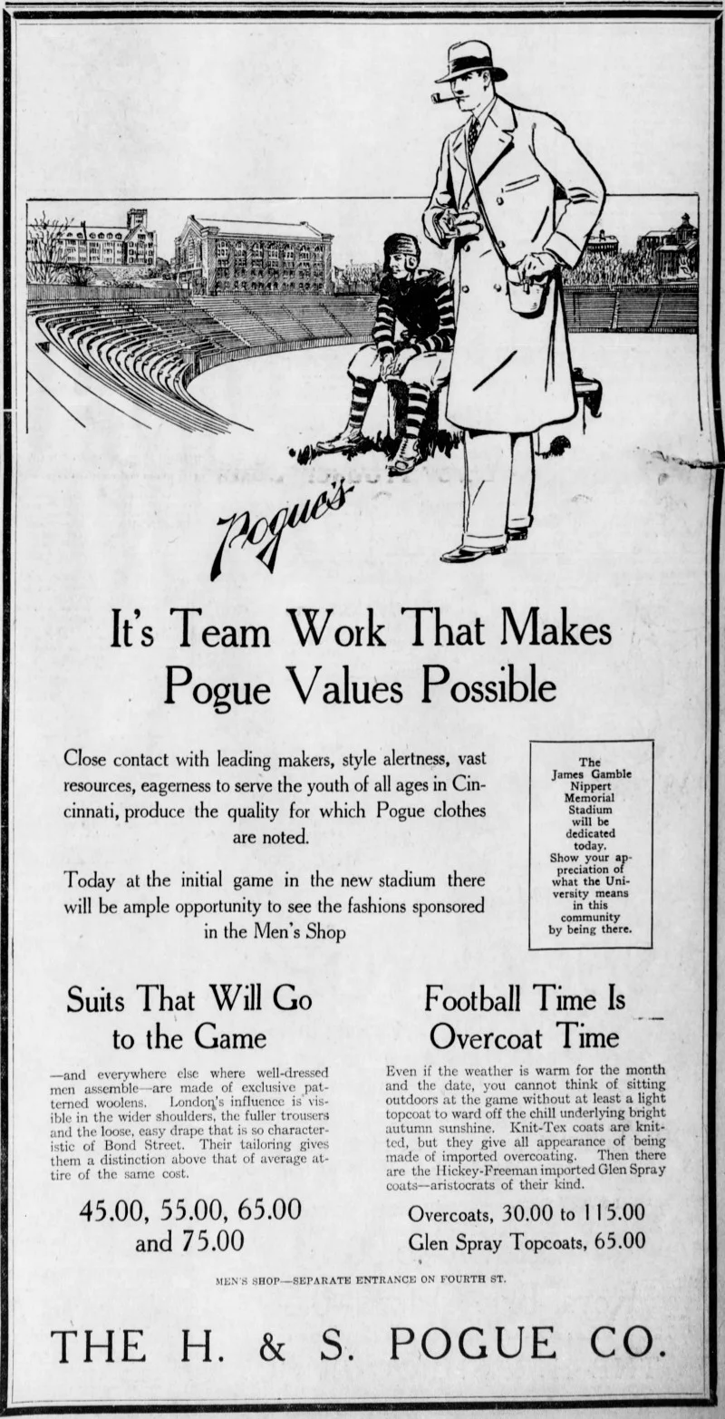 Pogue’s advertisement centered around the Nippert dedication ceremony, 1924. (Enquirer)