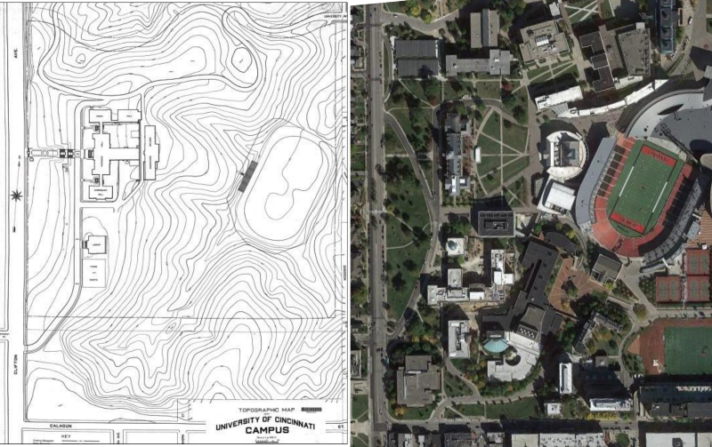 A 1909 topographical map, showing why the location of Carson/Nippert was chosen. (uc.edu/Google Maps)