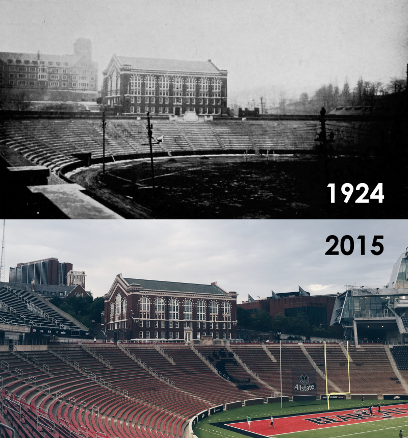 Nippert after completion in 1924 compared to after renovation in 2015. (UC Libraries/Spencer Tuckerman)