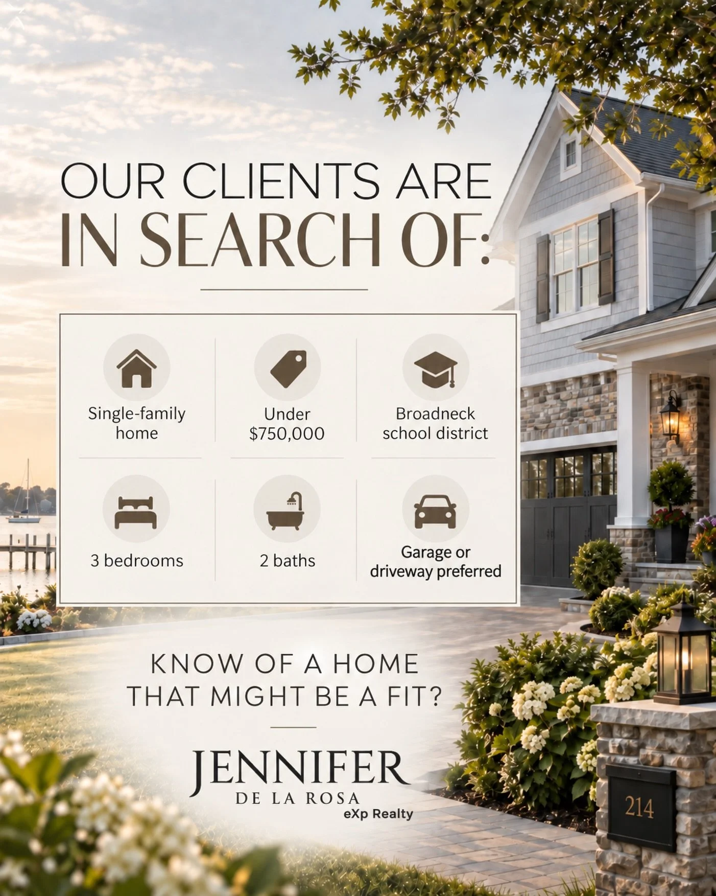 ANNE ARUNDEL COUNTY HOMEOWNERS + REAL ESTATE AGENTS - WE HAVE A BUYER.

We&rsquo;re currently searching for the right home for clients specifically in the Broadneck School District.

Their wish list:

* Budget: up to $750,000
* Single-family home
* 3