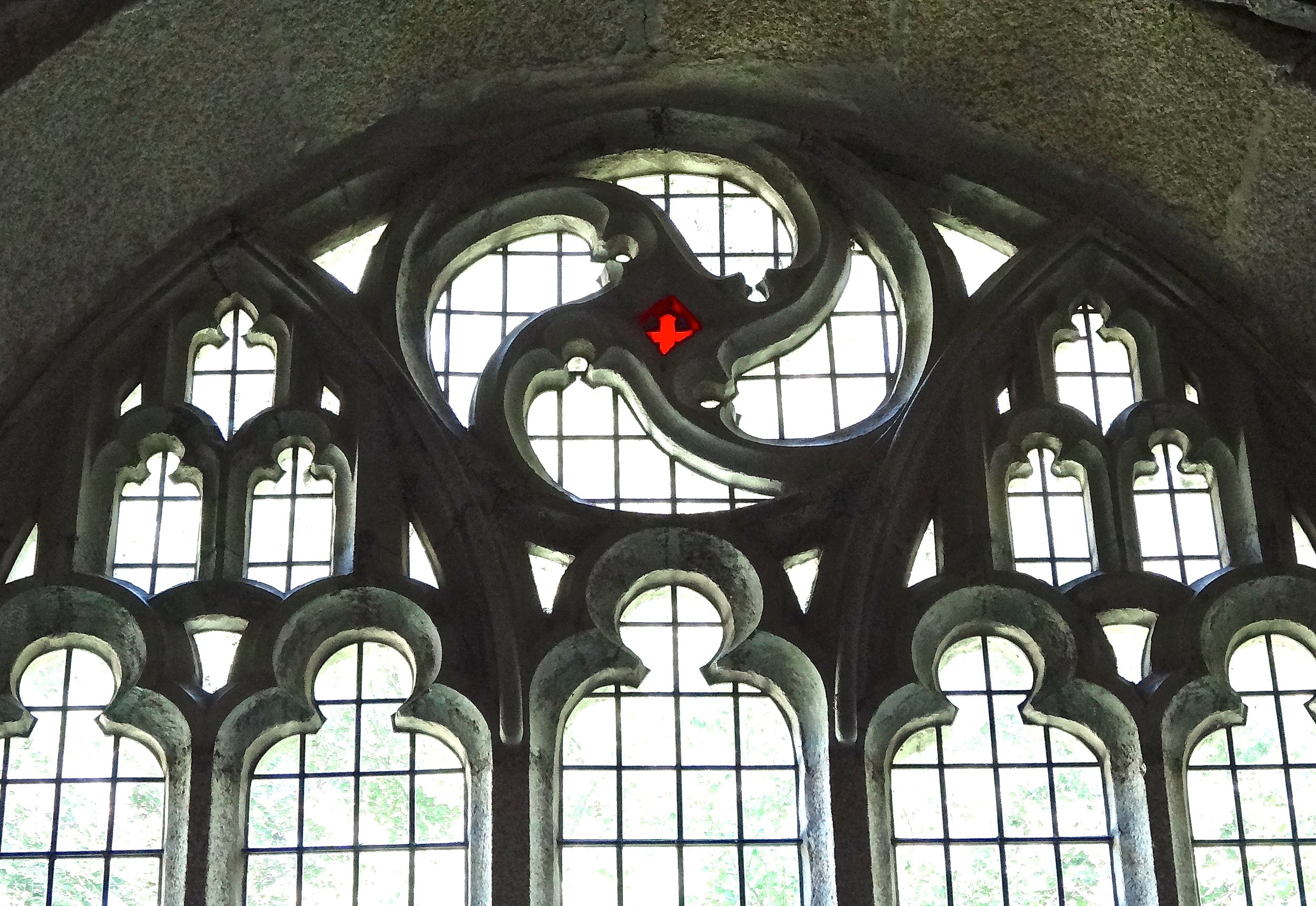 Spiral symbol in east window.JPG