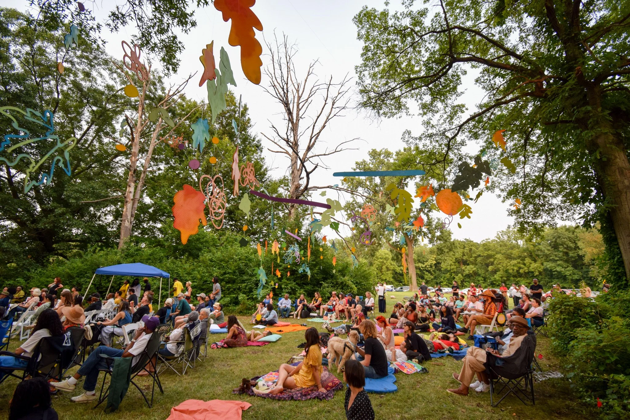  Amongst The Leaves was an immersive installation for Sidewalk Detroit at Eliza Howell Park. This installation extended the natural canopy of a grove of trees that held live music throughout the day. The installation created a living t