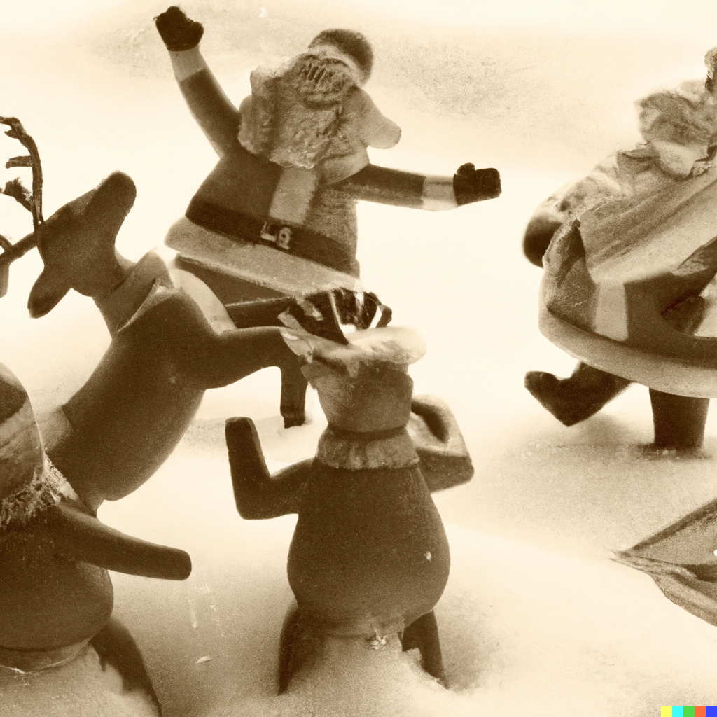 DALL·E 2022-11-22 17.20.11 - sepia toned snow scene close up on Santa Claus and several reindeer dancing with abandon.png