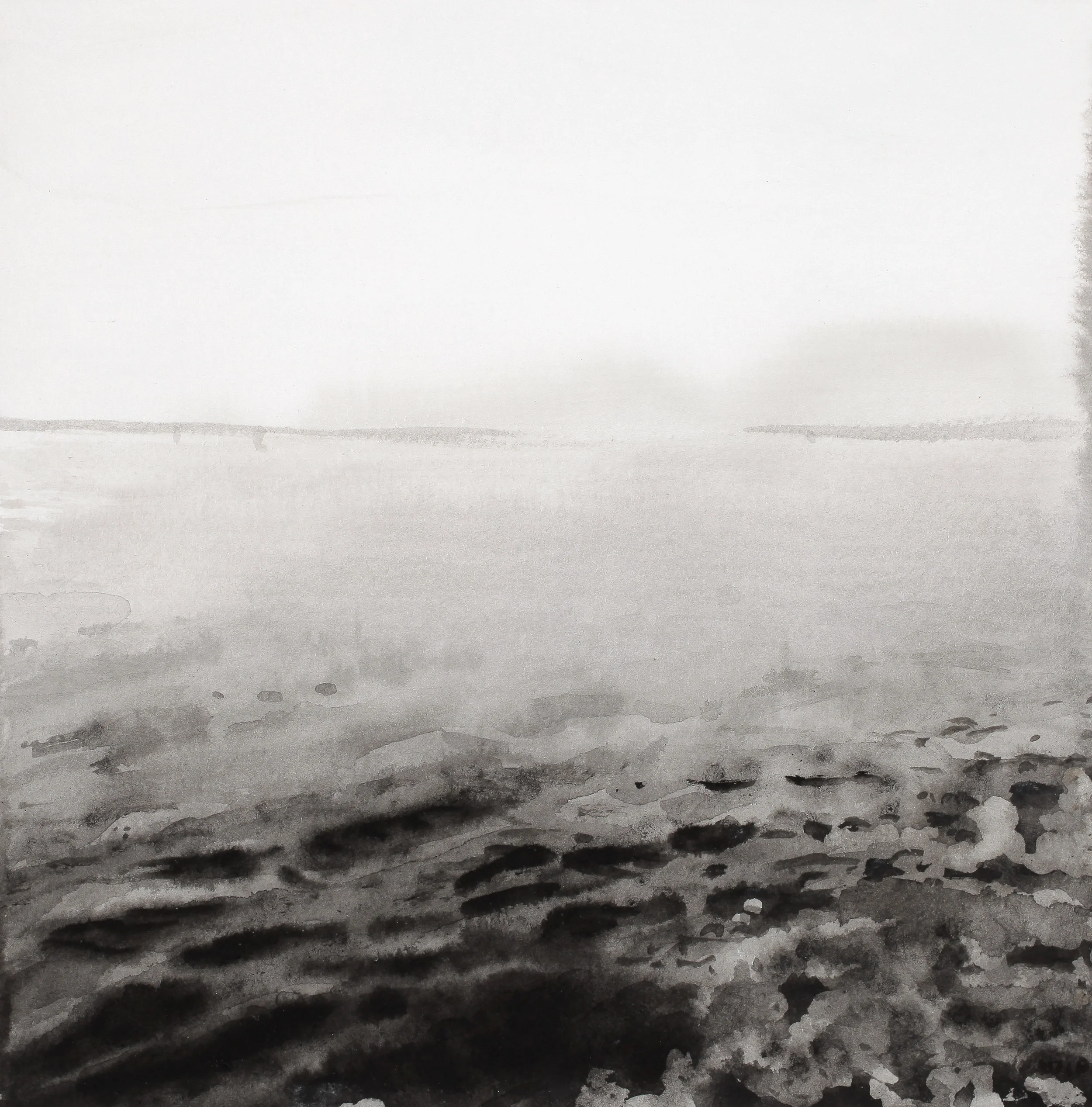 Horizon with 3 Buoys 6" x 6" Sumi ink on (Arches) paper