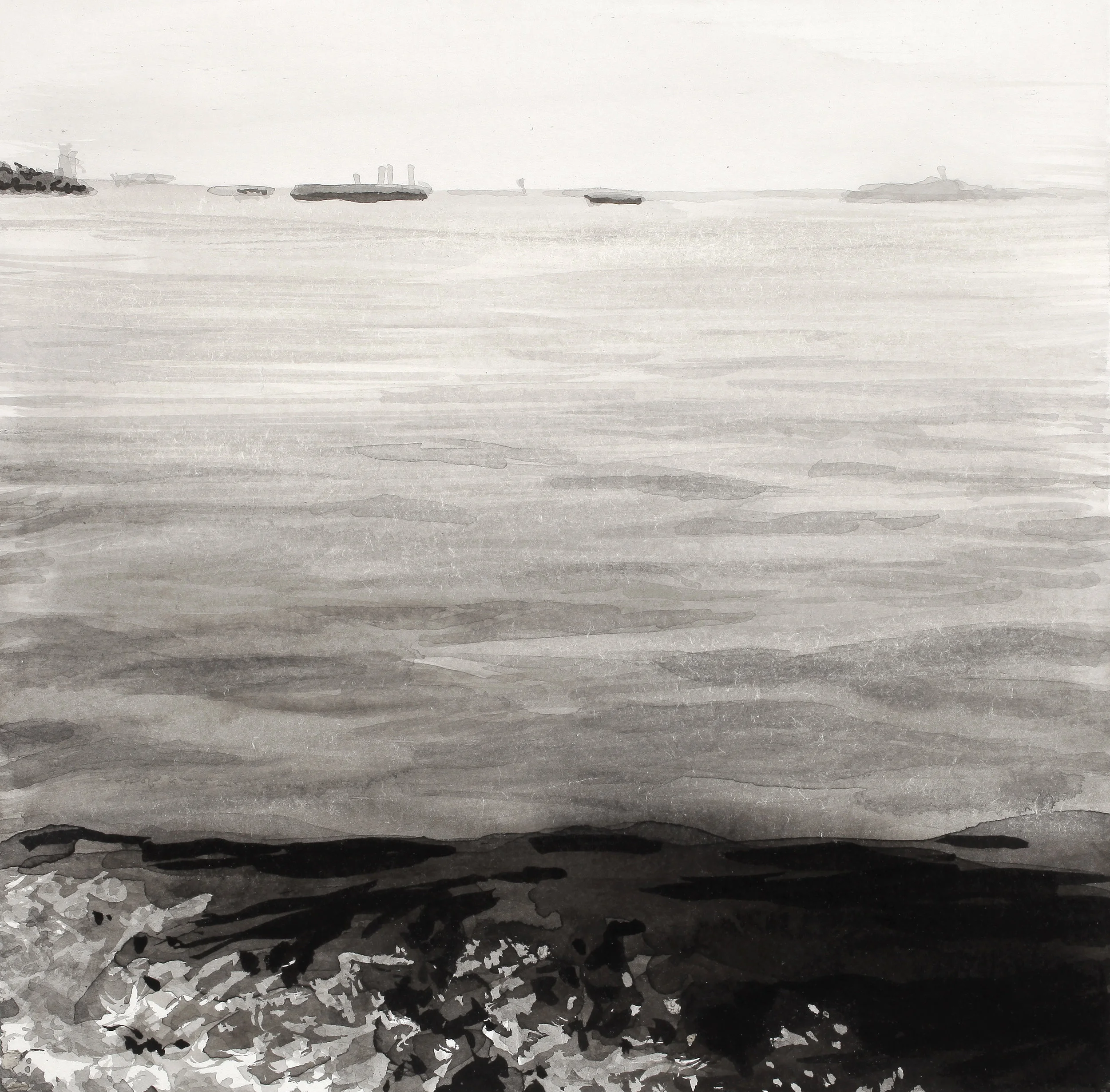 Horizon with Wave 6" x 6" Sumi ink on (Arches) paper