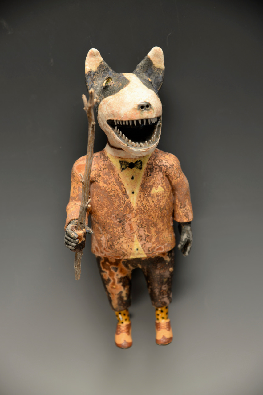 Dog Man with Walking Stick Hand build ceramic 8.5” x 3.5” x 3.5”