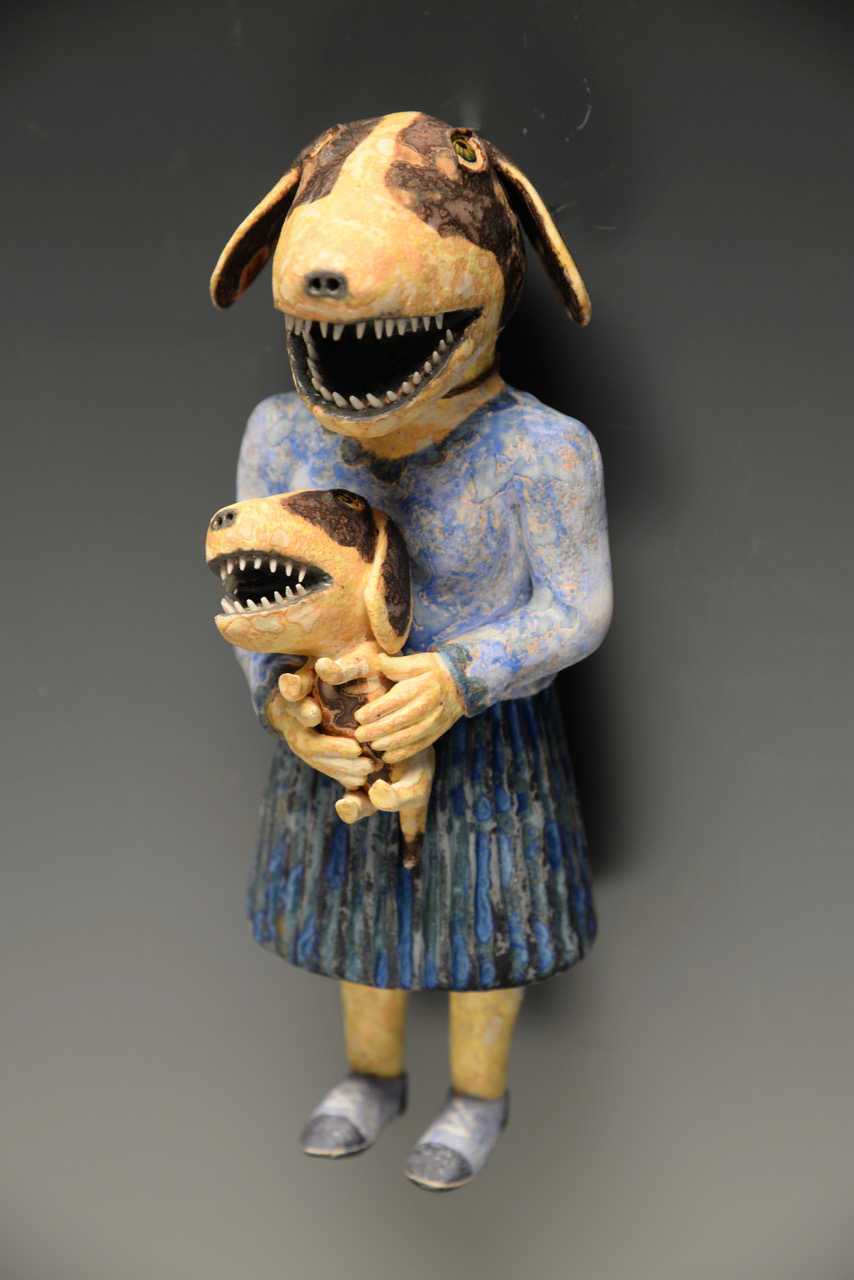 Lady with Pup Hand built ceramic 8.5” x 3.5” x 3.5” / sold