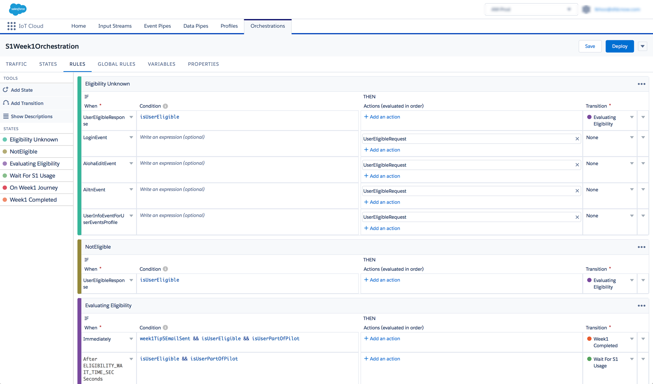Existing Interface for the "Rules" tab view