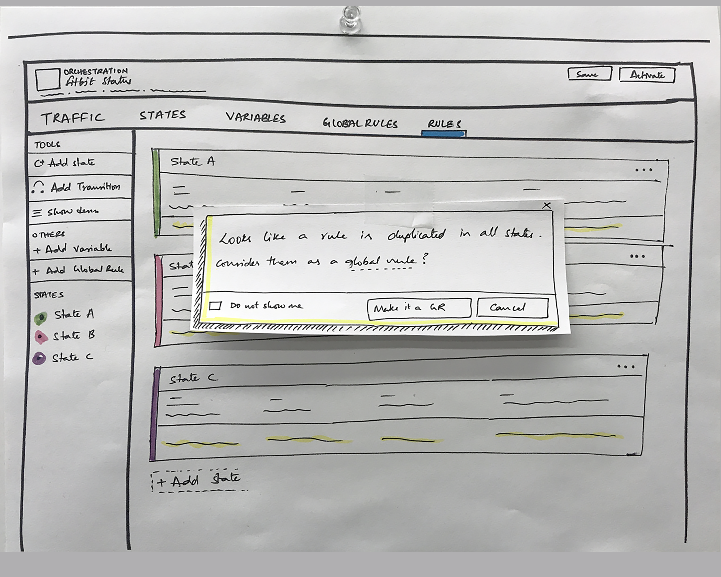 Iteration 1: A pop-up to teach the user about using the global rules